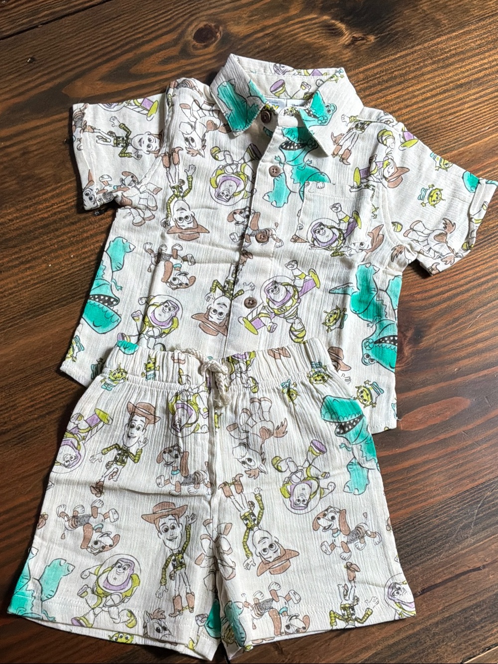 Disney Kids Short Pajama Set - White with Teal and Brown Toy Story Print